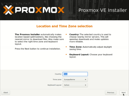 Proxmox selezione Timezone